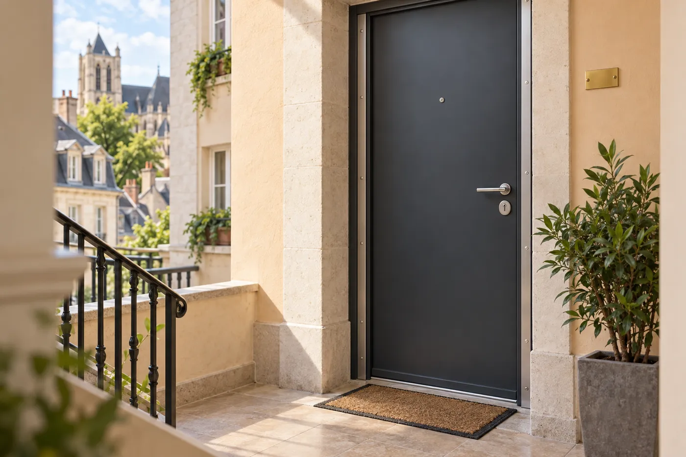 Porte blindée anthracite posée sur le palier d'une copropriété de Pontoise, avec cornières anti-pince