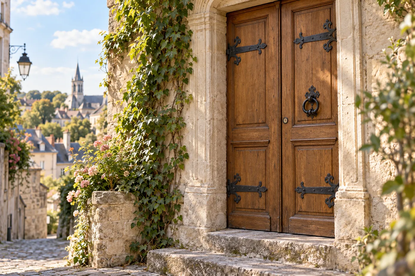 Porte d'entrée ancienne en chêne avec ses ferrures en fer forgé, dans le centre historique de Pontoise