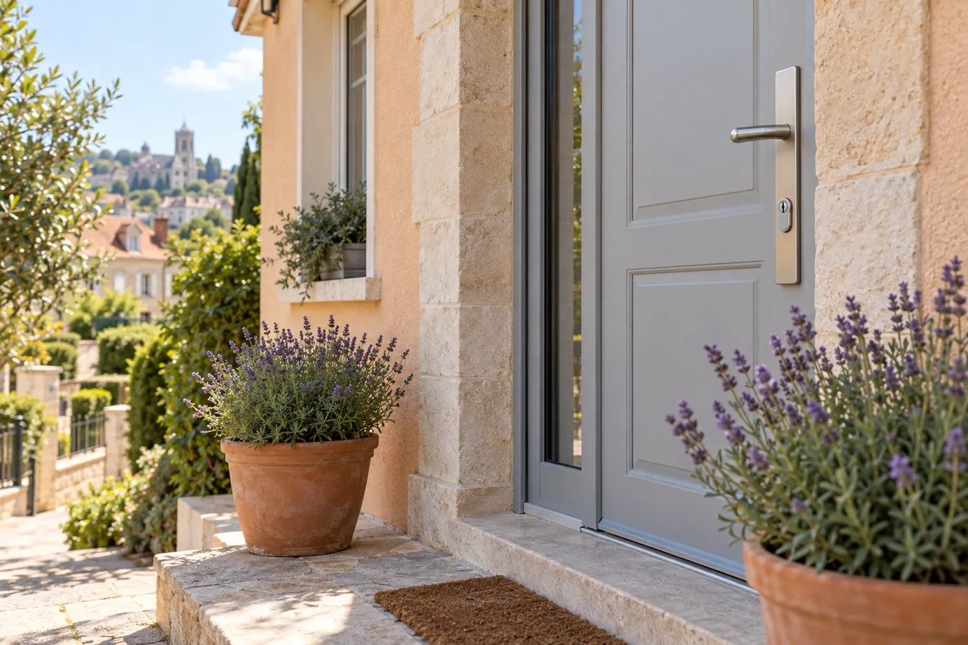 Porte d'entrée de pavillon équipée d'une serrure multipoints neuve, près de Pontoise
